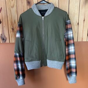 Cedric Charlier Olive Green Bomber Jacket with Plaid Sleeves